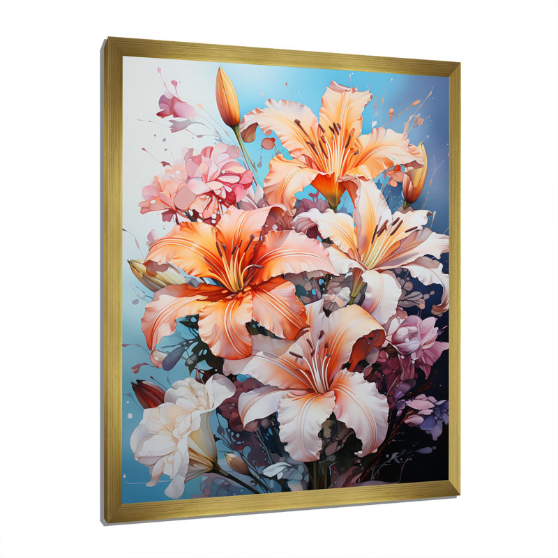Représentation de lys, acrylique multicolore IV sur toile, H 20 po x l 12 po x P 1 po, Encadrement doré