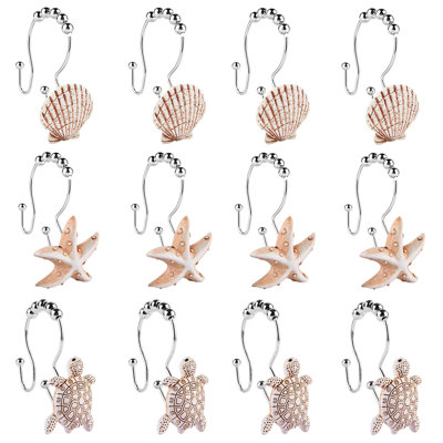 12-Pack Beach Seashell Shower Curtain Hooks, Double Layer Decorative Hooks With Ocean Theme, 45Lb Capacity For Bathroom Decor