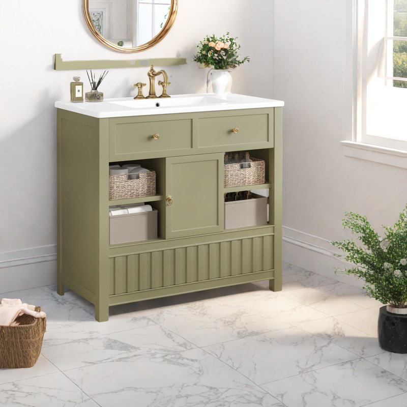 Modern Green Vanity Sink With Multifunctional Storage, Solid Wood And Mdf