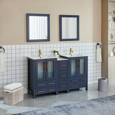 Ensemble de meuble-lavabo autoportant à double cuve 60 po avec plateau en céramique et miroirs assortis Brescia