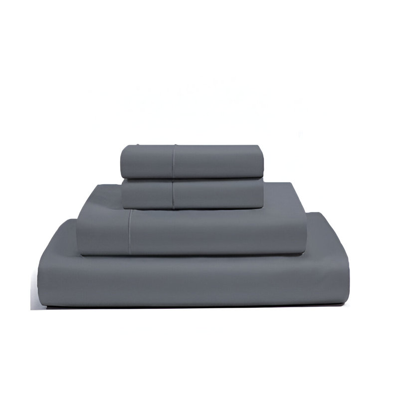 400TC Luxurious Single Embroidery Sateen Solid Cotton 4 Piece Sheet Set Fitted Sheet Fits Upto 16" Deep Pocket, Dark Gray