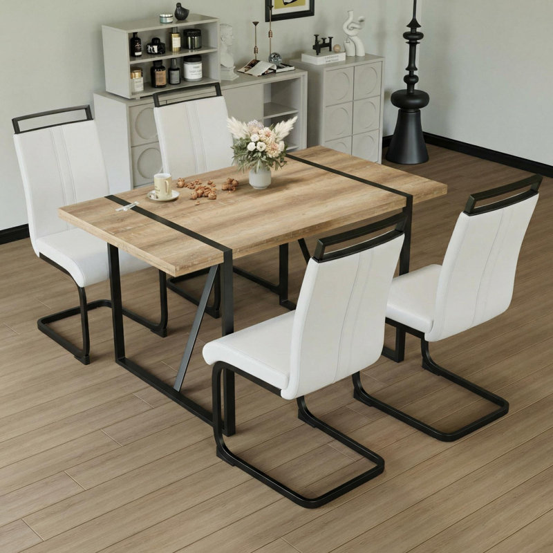 Modern Spahn With Rectangular Table & 4 Pu Leather Chairs, White/Black