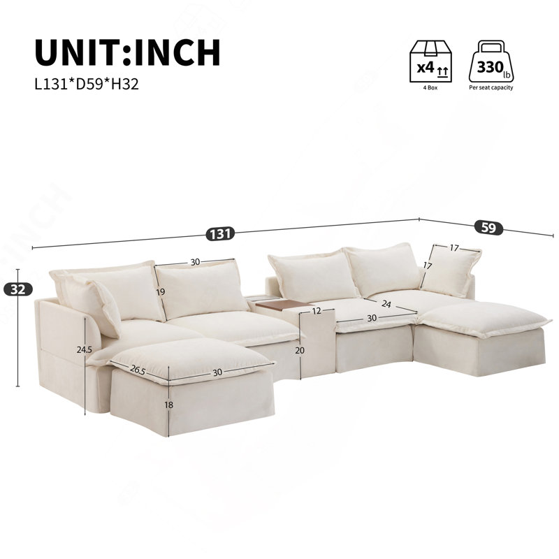 Canapé modulaire de 131 po avec repose-pieds mobile et console, porte-gobelet, siège large, canapé en U de 6 places, canapé en chenille surdimensionné avec chargeur USB pour le salon, appartement, 2 couleurs