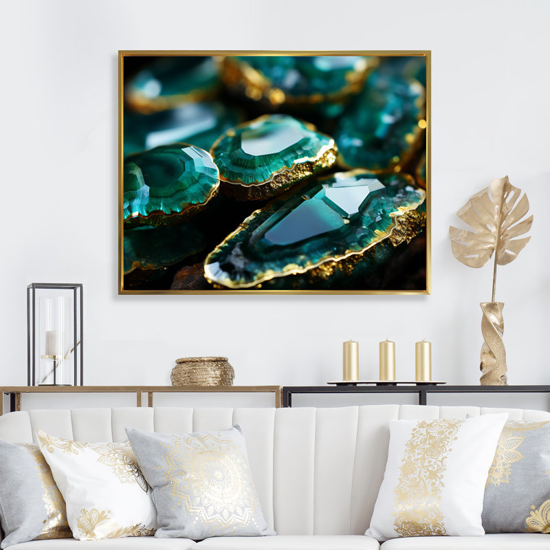 Pierre émeraude verte Amazonite verte - art mural pierre géode, Cadre flottant doré, H 12 po x l 20 po x P 1 po