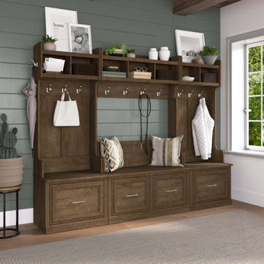 Full Entryway Storage Set with Coat Rack and Shoe Bench with Drawers in Black Suede Oak Bush Furniture