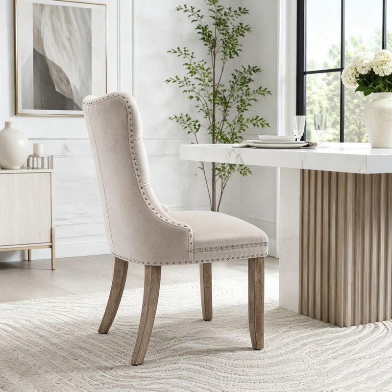 Chaise de salle à manger polyvalente en velours avec pattes en bois et garniture cloutée, Velours beige-1
