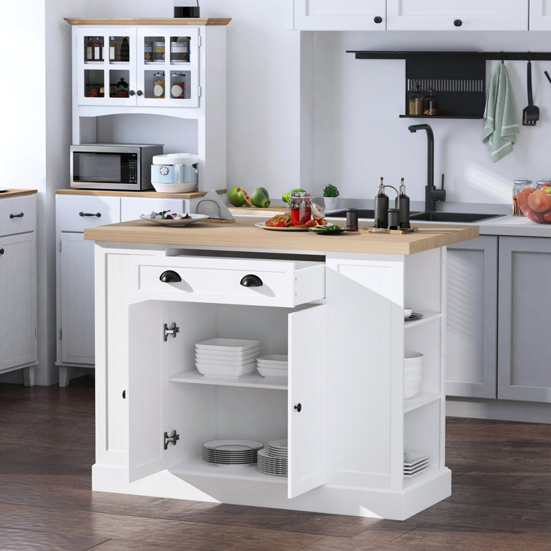 47" Kitchen Island, White, With Modern And Practical Storage Antique Style Drawer Door