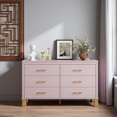 Commode double à 6 tiroirs, armoire de rangement moderne avec poignées en métal et pieds en bois massif, organisateur de tiroir pour chambre d'enfant, commode en bois robuste avec préinstallé