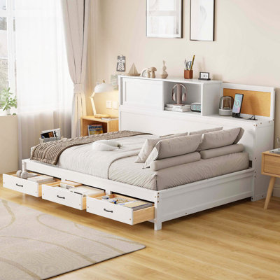 Wooden Daybed With 3 Storage Drawers, Upper Soft Board, Shelf, And A Set Of Sockets And USB Ports
