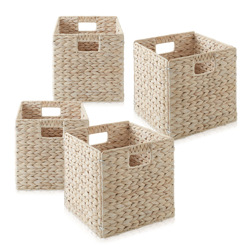 Hyacinth Storage Shelf Cubes - Whitewash Wicker Baskets - Set of 4, 10.5" H x 10.5" W x 10.5" D