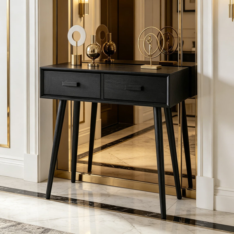 Console Mid-Century moderne avec 2 tiroirs, fabrication en bois de pin massif, finition noire élégante pour le salon, la chambre à coucher ou le vestibule