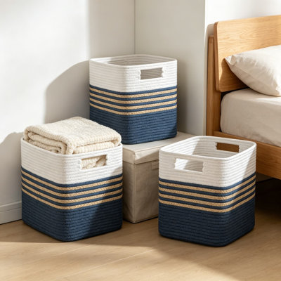 Ensemble de 3 cubes de rangement 13 x 13 x 13 pouces, paniers tissés en jacinthe d'eau et corde de coton avec poignées pour tablettes, livres et rangement