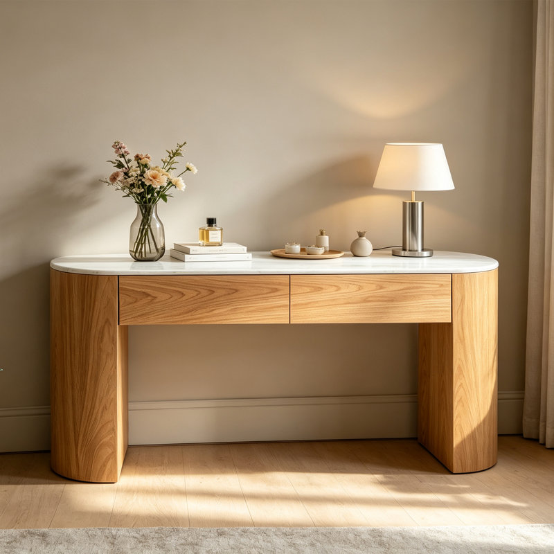 Console Modern Minimalist, H 33,5 po x l 59,1 po x P 13,8 po, Blanc / couleur bois naturel, Couleur bois naturel