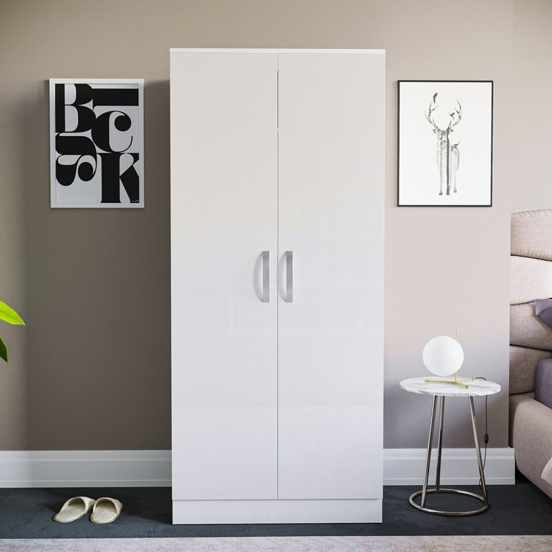 Arkadij 2 Door High Gloss Manufactured Wood Wardrobe With Internal Shelf and Hanging Rail, White