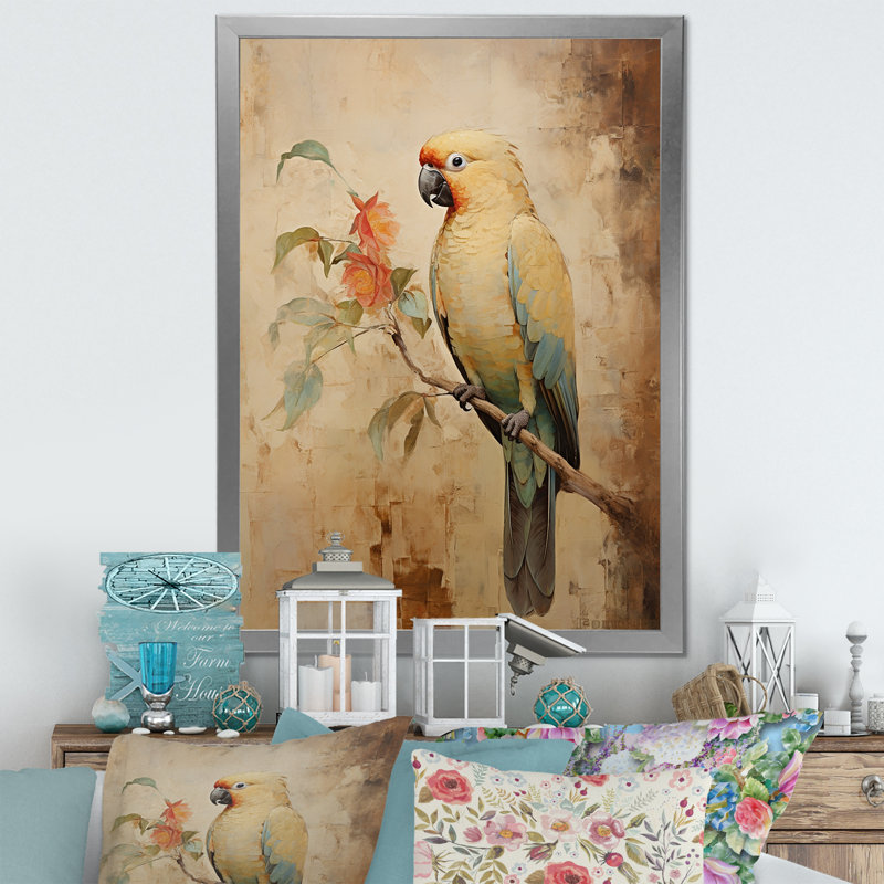 Élégance de plumes de perroquet beige rétro, Cadre simple argenté, H 20 po x l 12 po x P 1 po
