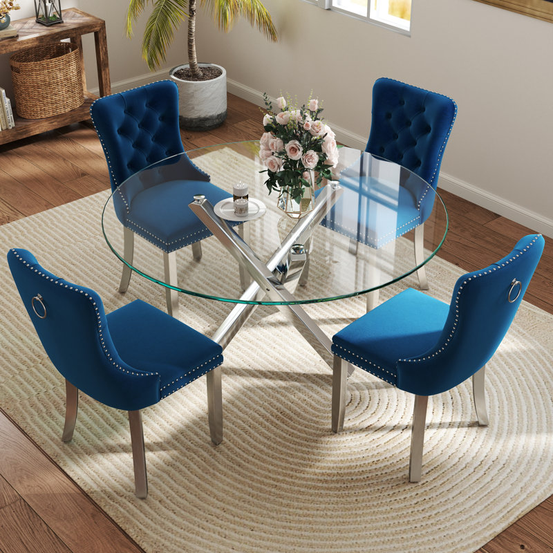 Ensemble de table de salle à manger 5 pièces, H 29,5 po x L 47 po x l 47 po, Bleu / Argent, Argent