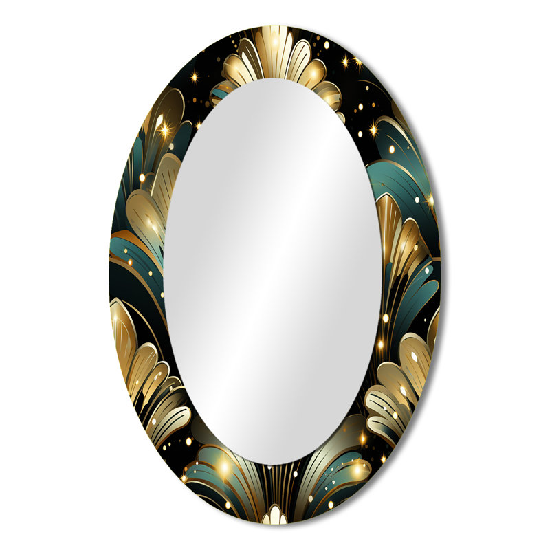 Rich Gold And Emerald Art Deco Glam Pattern - Modern Oval Wall Mirror, 36" H x 24" W
