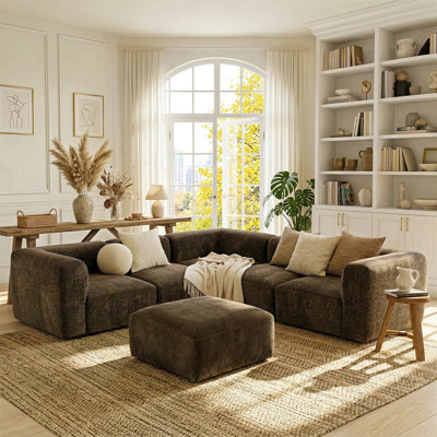 Confesor Chenille Modular L-Shaped Sectional Sofa With Ottoman