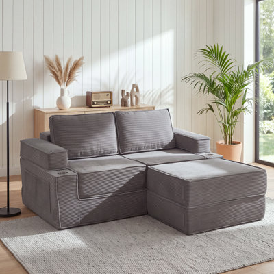 Canapé-lit futon pliable en velours côtelé de 190 cm (74,8 po), format queen, avec porte-gobelets et poches latérales - Aucun assemblage requis, gris