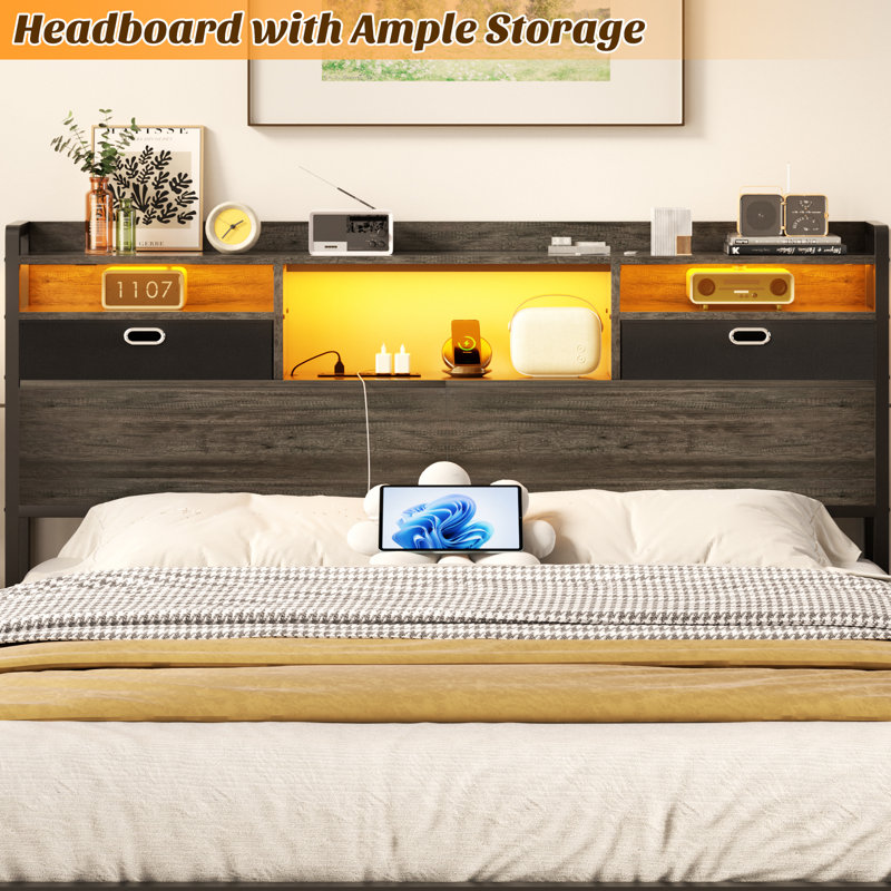 Têtes de lit en métal de 45,3 po de hauteur avec draps en tissu, prises, ports USB et lumières DEL, Gris, Grand