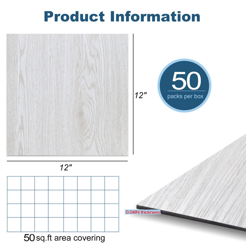12" x 12" Luxury Vinyl Tile,Self-adhesive Vinyl Flooring, Whitewashed Pine