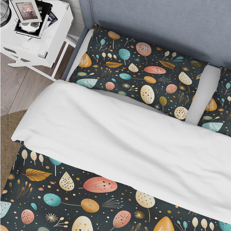 Literie à motif de feuilles multicolores botaniques II, Housse de couette pour grand lit et 2 taies décor