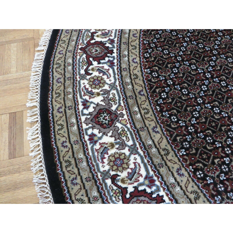 Tapis de zone ronde noué la noir/rouge 8 pi 3 po one-of-kind à la main Gracyn