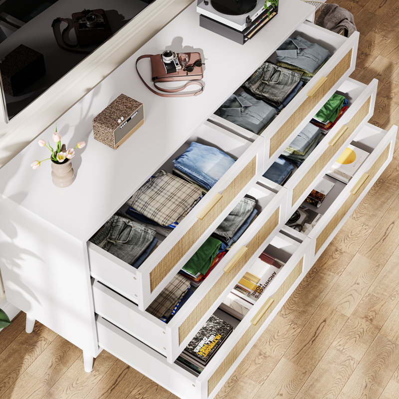 White and Natural Double Dresser with Rattan Drawers