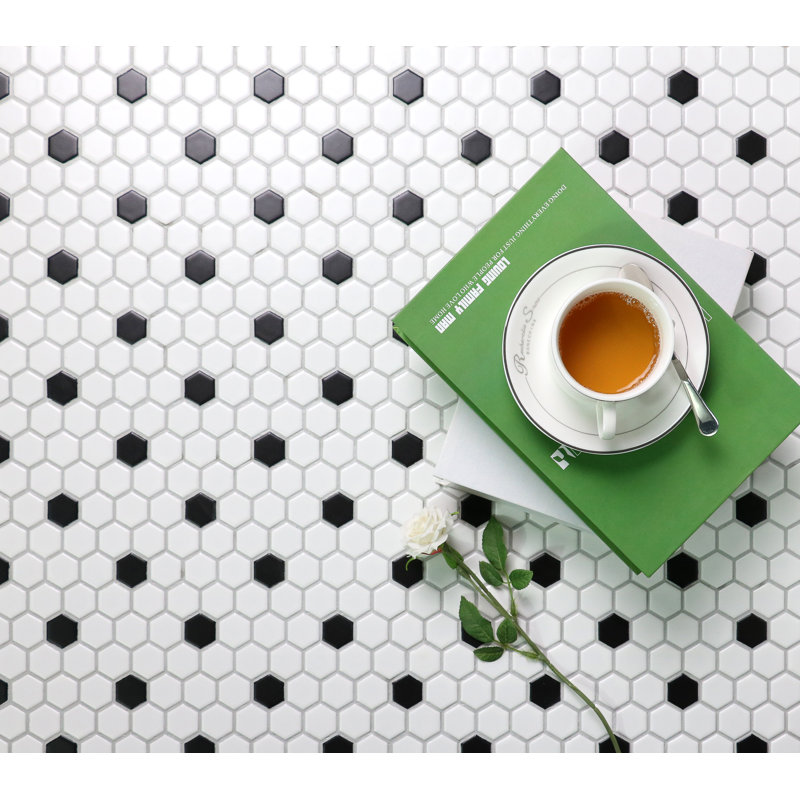 Carreau de mosaïque en porcelaine pour mur et plancher 1 "x 1" Value Series, Blanc / pois noirs