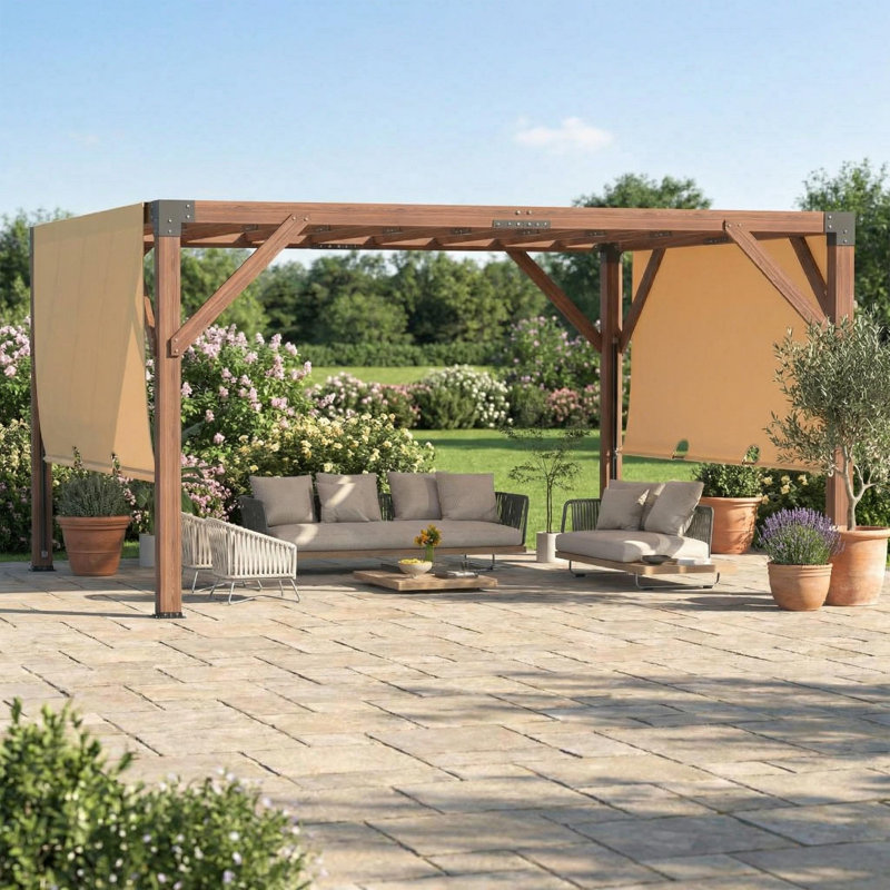 Pergola d'extérieur 12 'x 14' en bois de cèdre de qualité supérieure avec abat-jour rétractable - Durable, résistant à la pourriture et résistant au vent