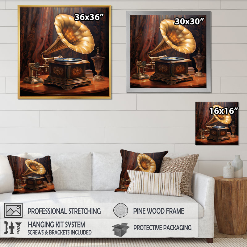 Gold Phonograph Melodies - Music Canvas Wall Art, Cadre simple noir, H 16 po x l 16 po x P 1 po