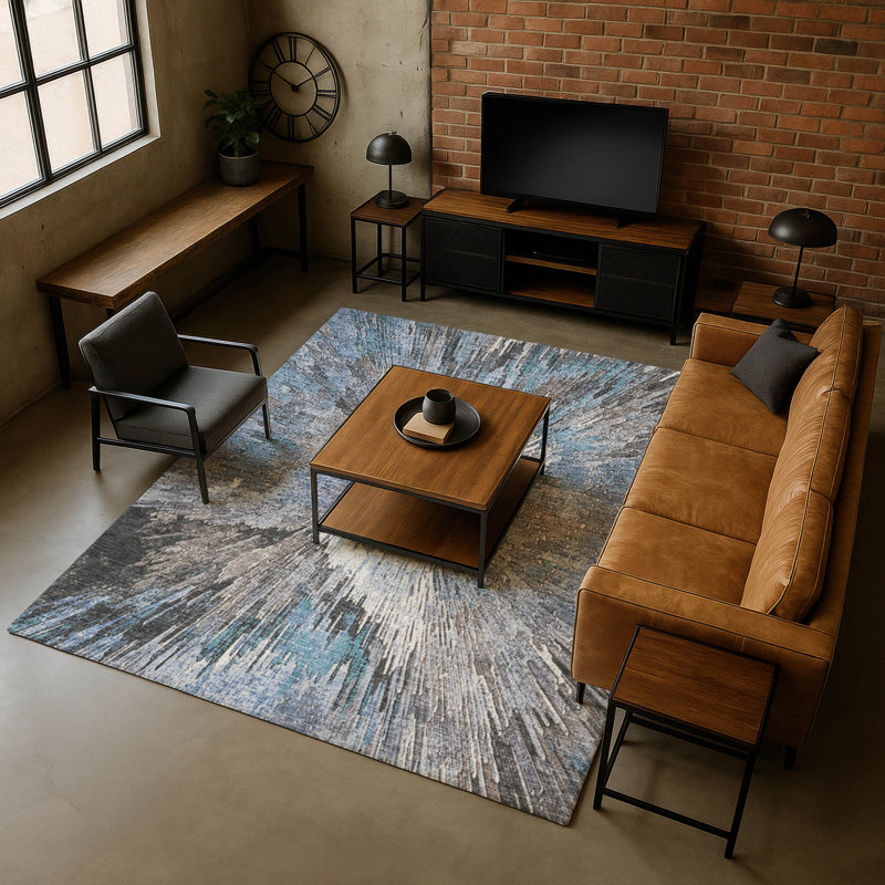 Premium Machine Washable Mayfield AMF2283 Abstract Rug, Denim, 5' x 7'6"