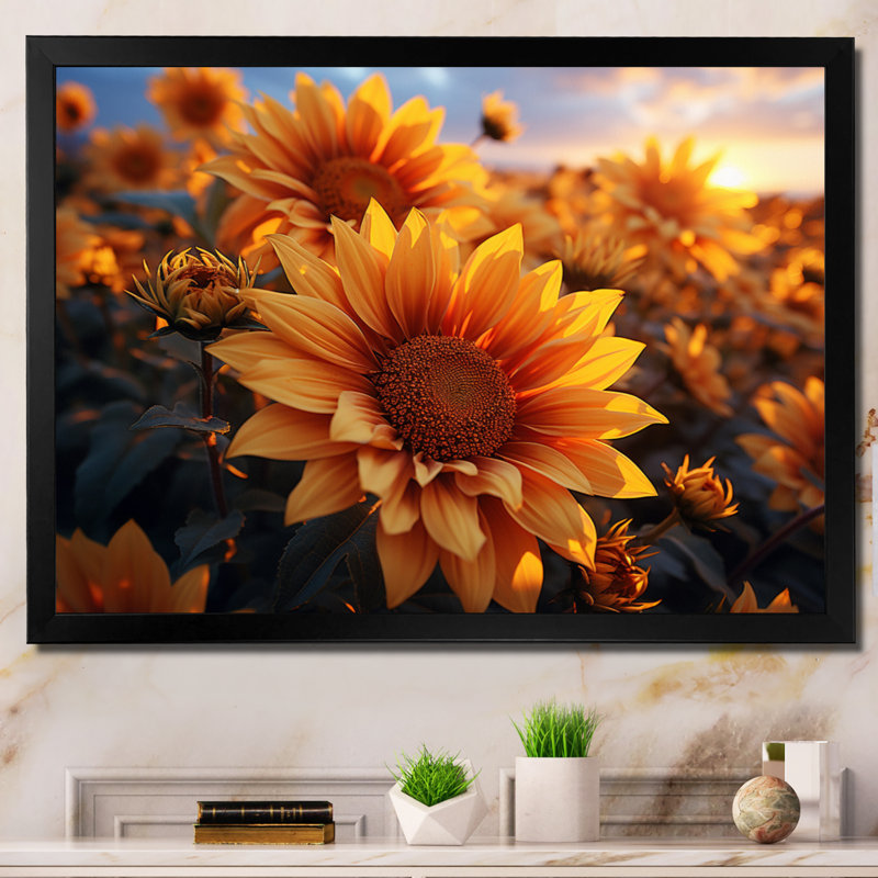 Décoration murale jaune tournesols champ jaune - tournesols, H 12 po x l 20 po x P 1 po, Cadre photo noir