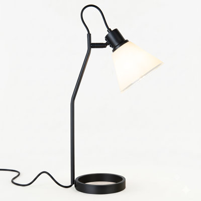 Lampe de bureau moderne réglable de 50 cm (20 po), gris métallique avec accents noirs, abat-jour en verre dépoli et base annulaire compacte