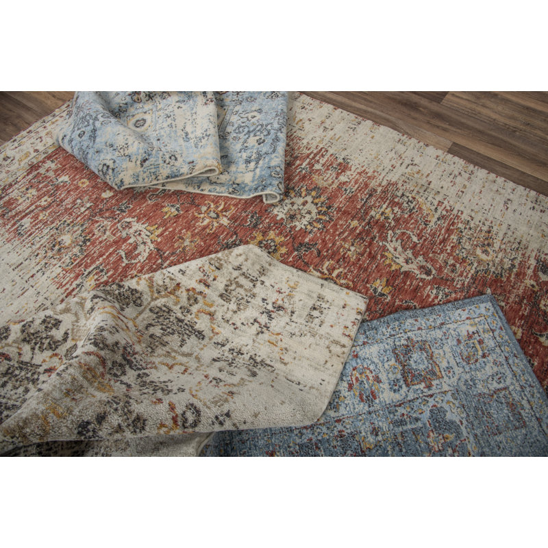 Tapis bleu / beige en laine à motif floral Maratea, Rectangle 8 pi x 10 pi
