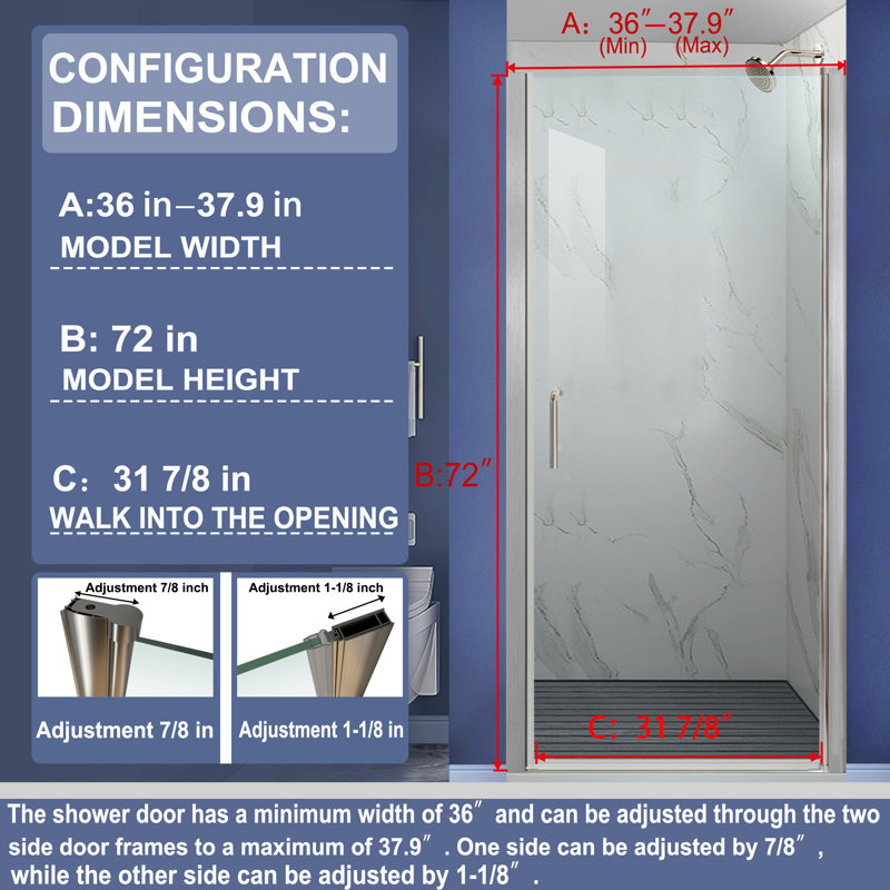 36-37.9 in. W x 72 in. H Pivot Swing Frameless Shower Door with Clear SGCC Tempered Glass, Brushed Nickel