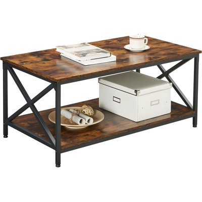 Rustic Farmhouse Coffee Table With Shelf, Vintage, Solid MDF Board & X-Frame Design For Living Room
