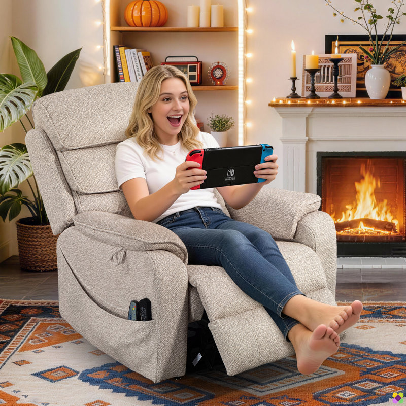 Emryn 36.2"W Chenille Liftable Recliner, Dual Motors, Cup Holder & Phone Charger, Dark Beige