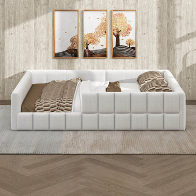 Modern Floor Upholstered Daybed, Low-Profile Woollen Boucle Fabric Corner Sofa Bed Frame with Wooden Slats Support