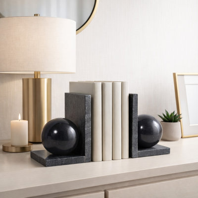 Aldarondo Decorative Marble Orb Bookends For Home Decor - Stylish Modern Book Ends For Bookshelf, Desk Accent, Or Shelf Decoration - Set Of 2, 6", Black