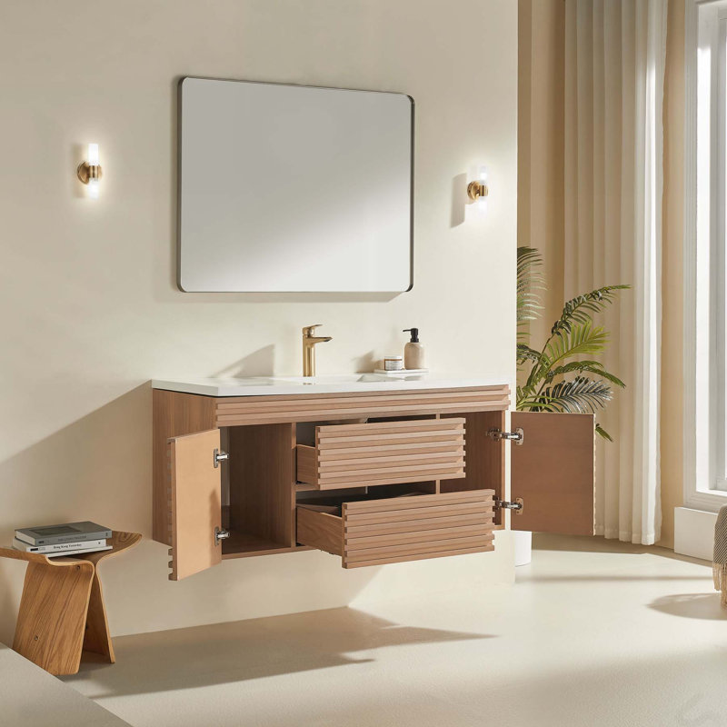 Meuble-lavabo simple mural et flottant avec lavabo en céramique pour un rangement de salle de bain efficace et un design moderne