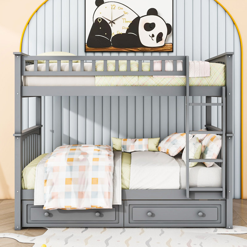 Lit superposé simple au-dessus d'un lit simple en bois avec design convertible et tiroirs de rangement, Gris