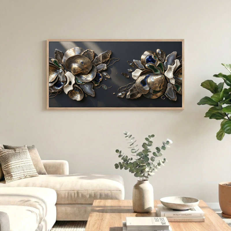 Ensemble de 1 tableau sur toile à fleurs métalliques, L 40 po x H 20 po, Naturel