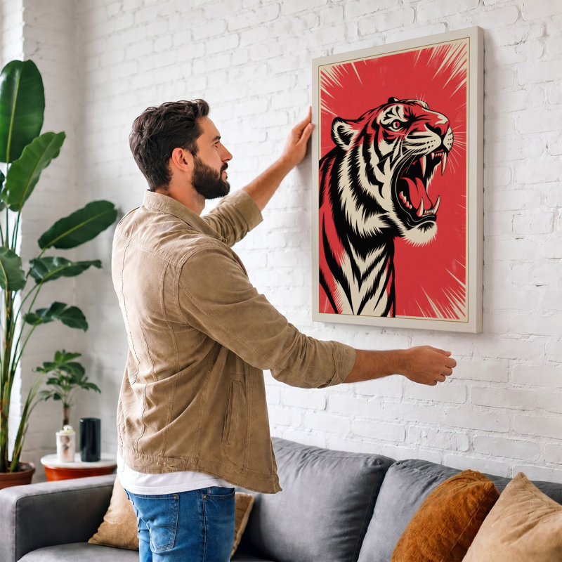 Roaring Tiger Graphic - Print, 24x16 - 61.0 x 40.6 cm, Taupe Border