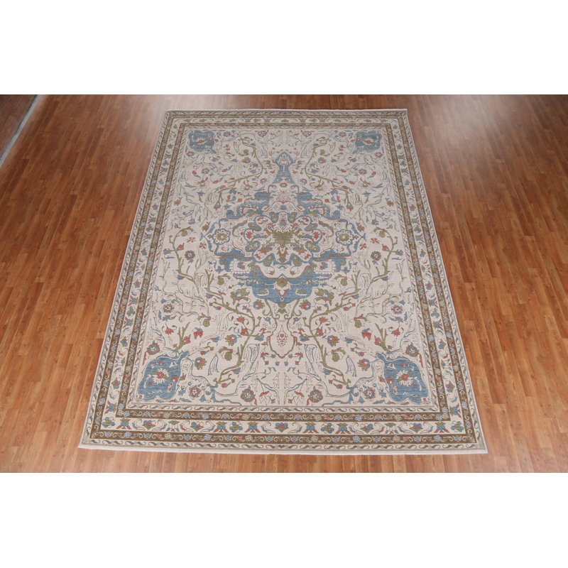 Tapis beige / ivoire / bleu en laine noué à la main de conception unique 9 pi x 11 pi 9 po