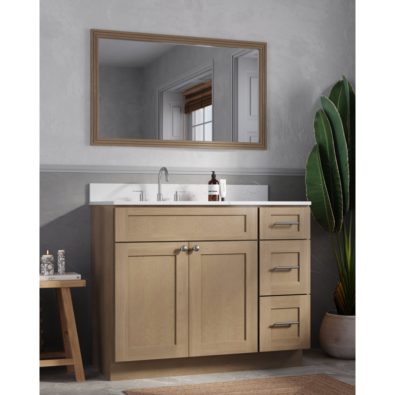 Meuble-lavabo simple 43 po avec plateau en quartz Disar, Gauche, Chêne naturel