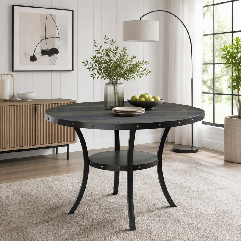 Table de salle à manger ronde avec têtes de clou en laiton et tablette ouverte