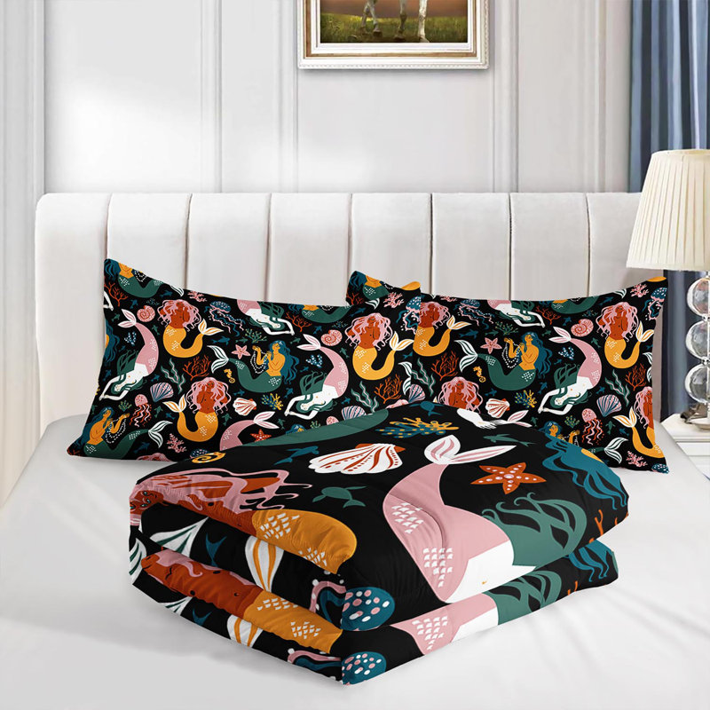 Ensemble d'édredon Whimsical Mermaid, ensemble de literie sous-marine enchantée avec 2 taies d'oreiller, literie douce et lavable à la machine, édredon toutes saisons