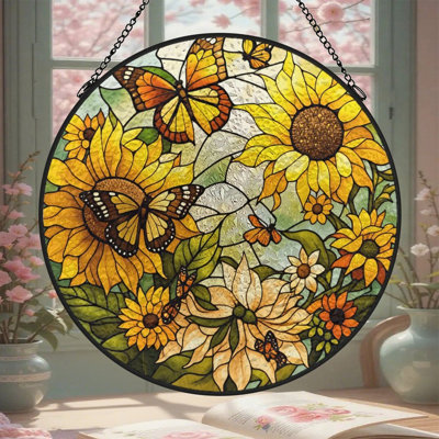 Vitrail, vitrail, tournesols et papillons