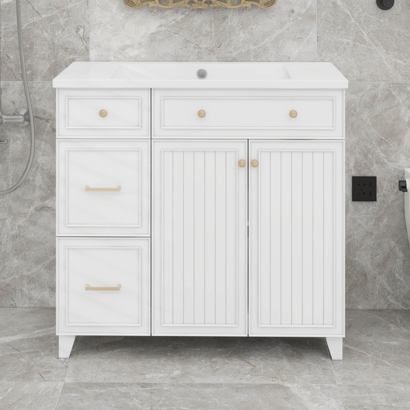 Meuble-lavabo 36 po avec lavabo en céramique, tiroirs standard et double couche, tablettes réglables, Blanc